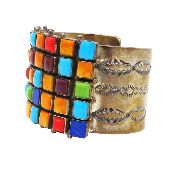 Vintage Sterling Silver Navajo Roie Jaque Multi Gemstone Mosaic Cuff Bracelet - Picture 4 of 8